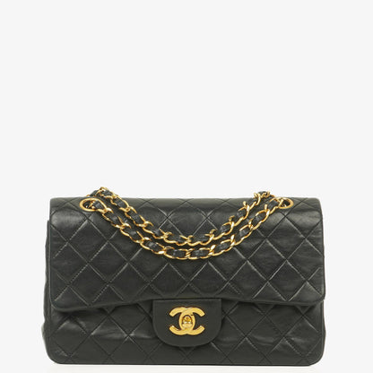 Chanel Vintage Classic Double Flap Tasche aus schwarzem gestepptem Lammleder mit 24K vergoldeten Beschlägen