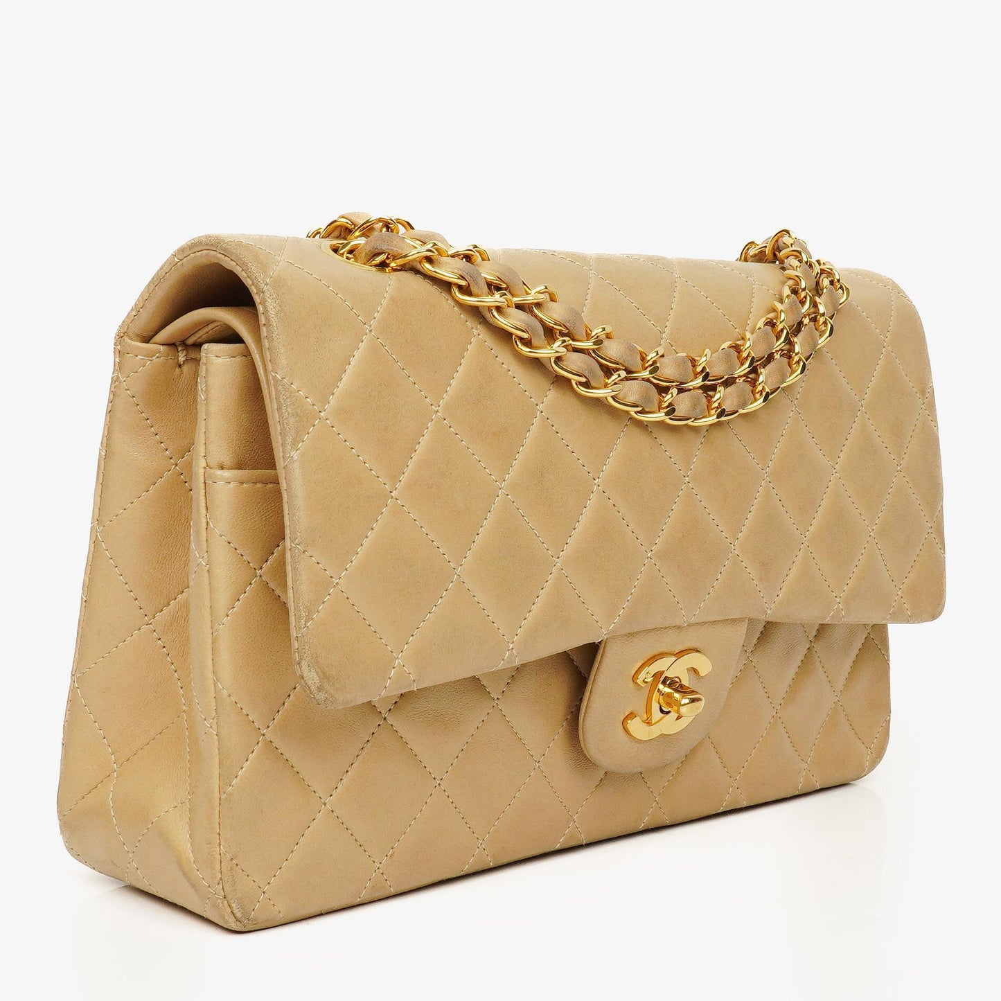 Chanel Vintage Klassische Doppelklappe Tasche aus gestepptem beigem Lammleder mit 24K vergoldeten Beschlägen
