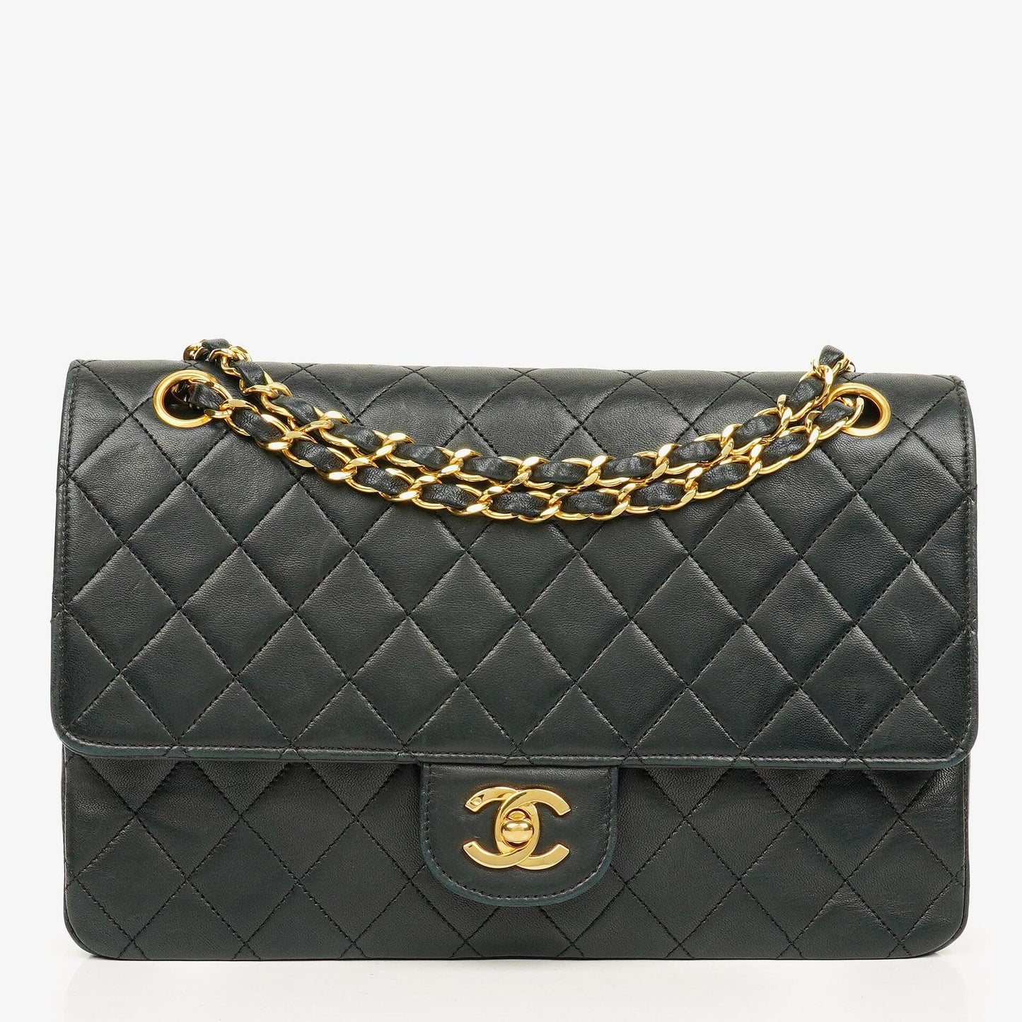 Chanel Vintage Classic Double Flap Tasche aus gestepptem schwarzem Lammleder mit 24K vergoldeten Beschlägen