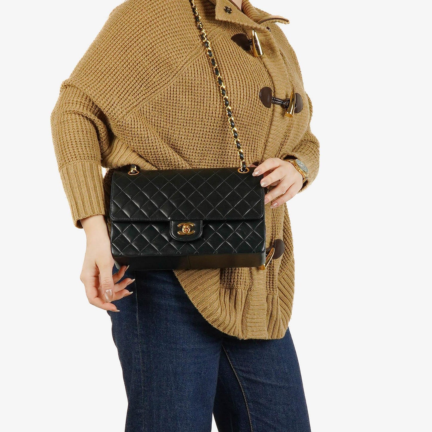 Chanel Vintage Classic Double Flap Tasche aus schwarzem gestepptem Lammleder mit 24K vergoldeten Beschlägen