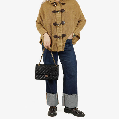 Chanel Vintage Classic Double Flap Tasche aus schwarzem gestepptem Lammleder mit 24K vergoldeten Beschlägen