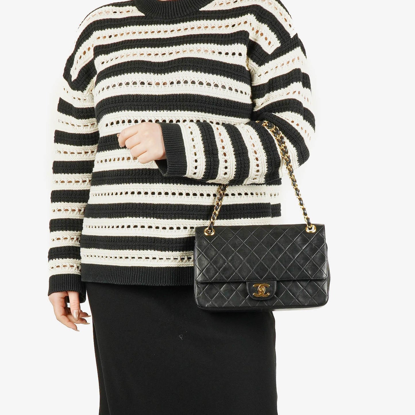 Chanel Vintage Classic Double Flap Tasche aus gestepptem schwarzem Lammleder mit 24K vergoldeten Beschlägen