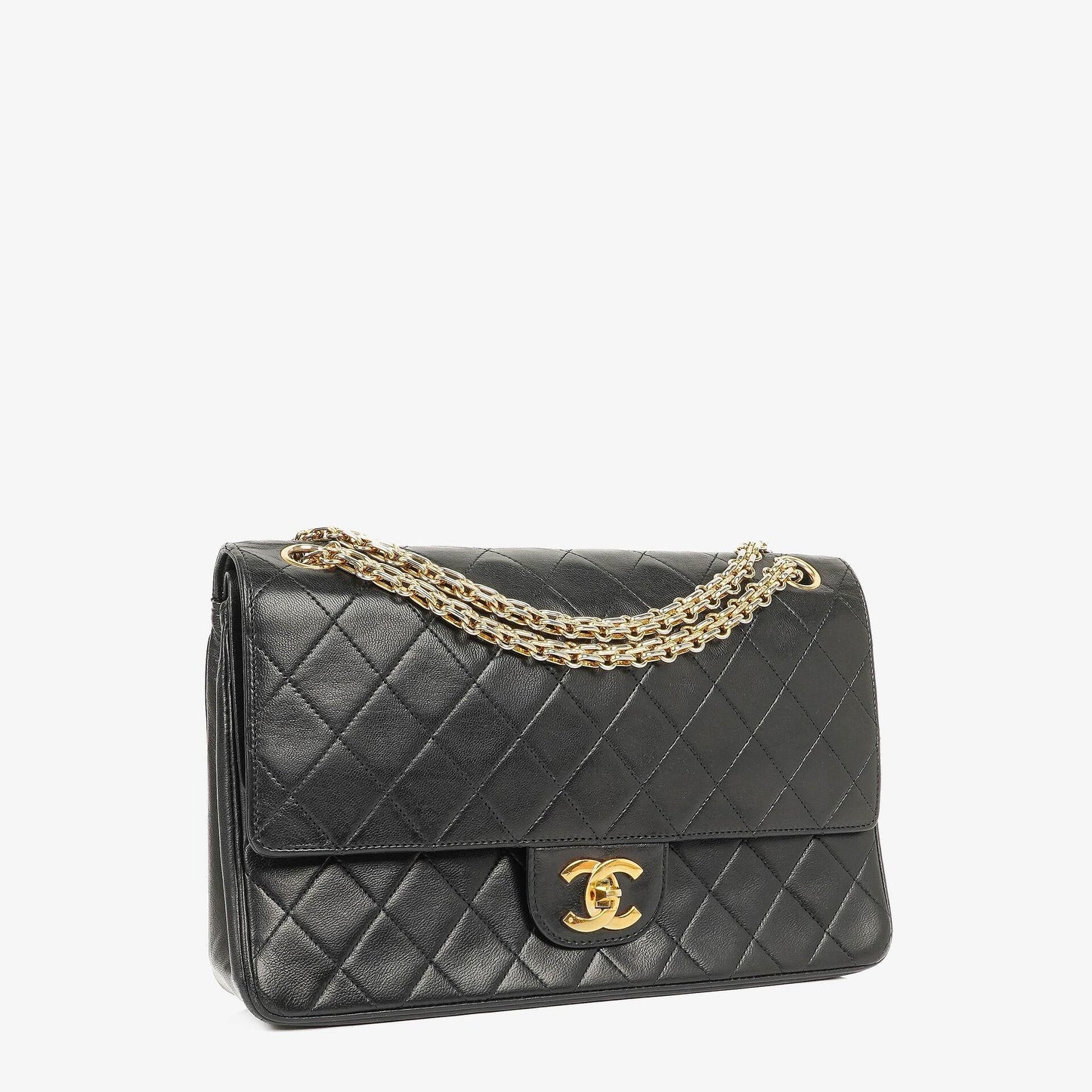 Chanel Vintage Classic Medium Double Flap Tasche aus gestepptem schwarzem Lammleder mit 24 Karat vergoldeter Hardware