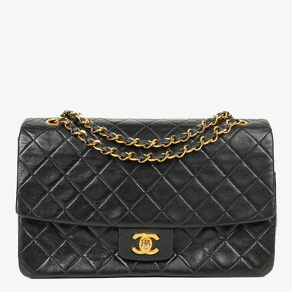 Chanel Vintage Classic Single Flap Tasche aus gestepptem Lammleder in Schwarz mit 24K-vergoldeten Beschlägen