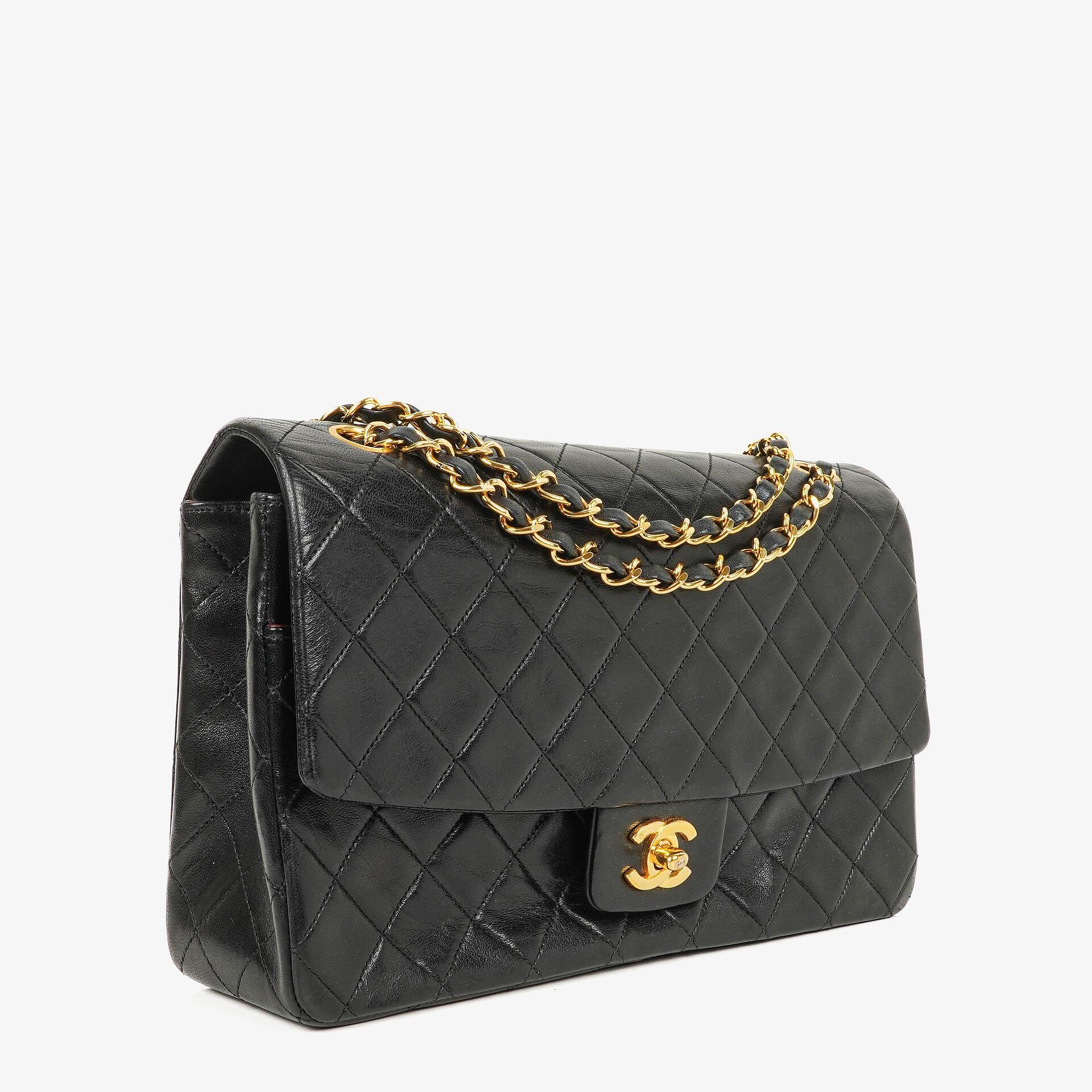 Chanel Vintage Classic Single Flap Tasche aus gestepptem Lammleder in Schwarz mit 24K-vergoldeten Beschlägen