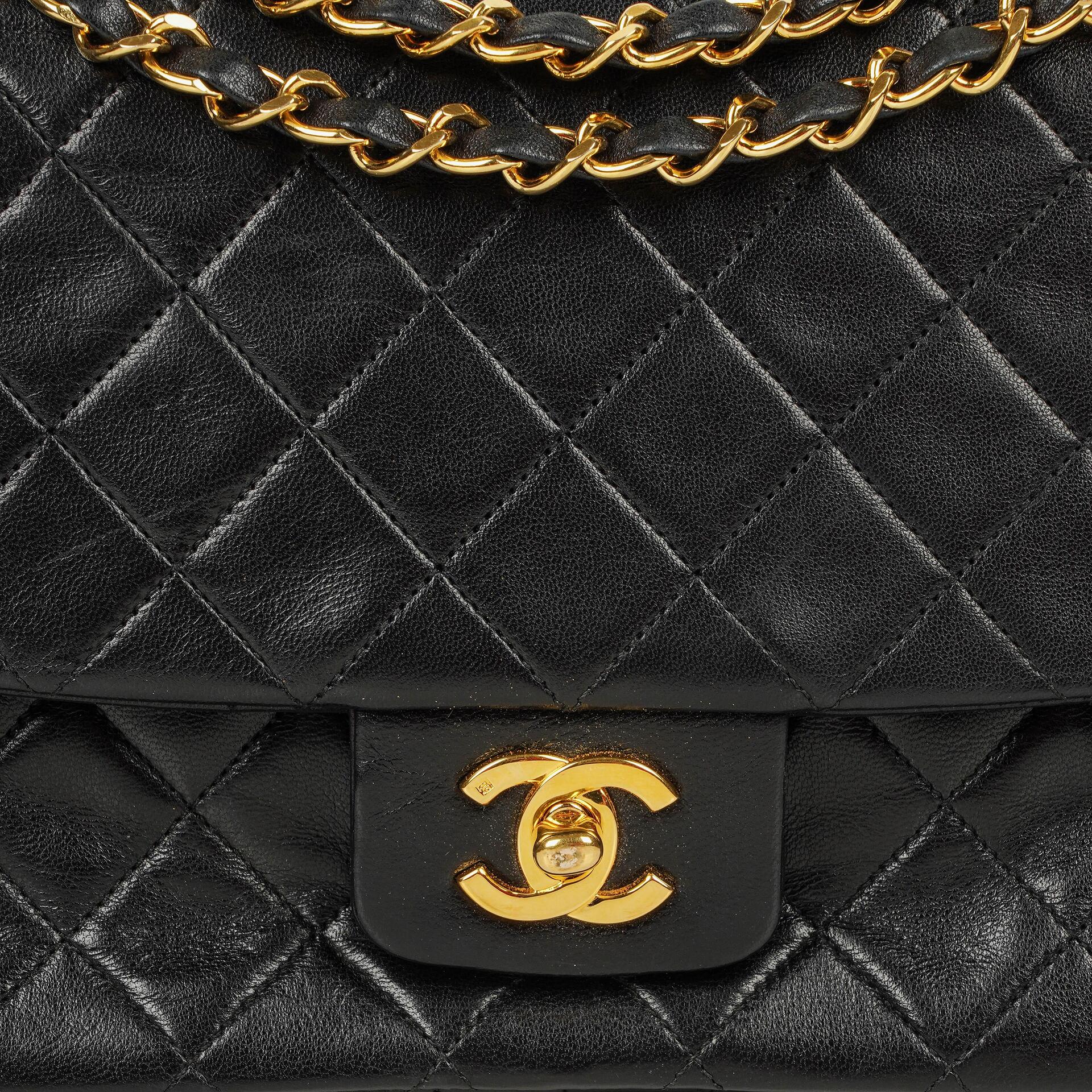 Chanel Vintage Classic Single Flap Tasche aus gestepptem Lammleder in Schwarz mit 24K-vergoldeten Beschlägen