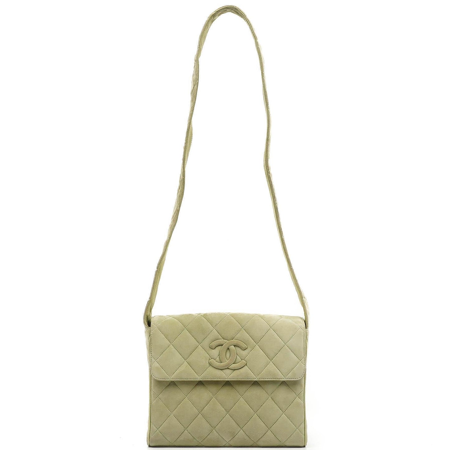 Chanel Vintage Crossbody Klappentasche Hellgrünes Gestepptes Wildleder
