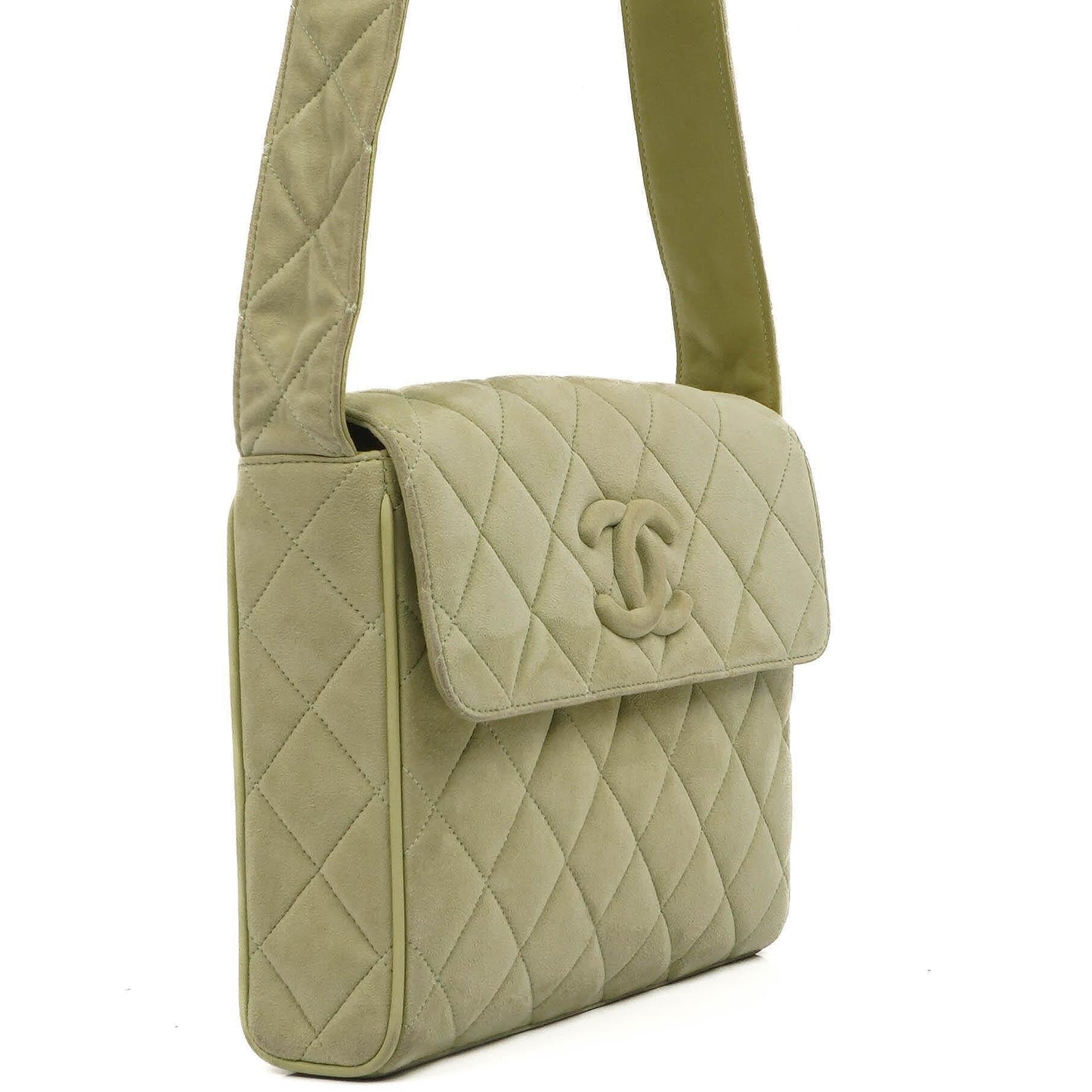 Chanel Vintage Crossbody Klappentasche Hellgrünes Gestepptes Wildleder