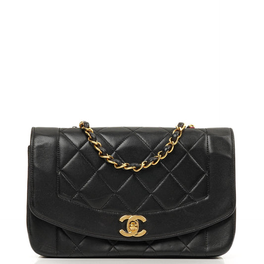 Chanel Vintage Diana Kleine Flap Tasche Schwarz Gestepptes Lammleder 24K Vergoldete Hardware