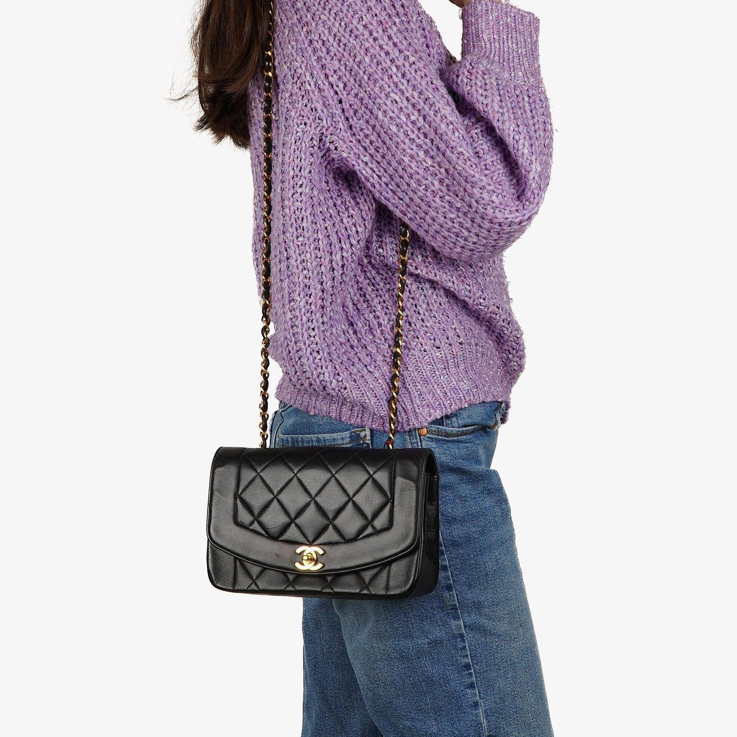 Chanel Vintage Diana Kleine Flap Tasche Schwarz Gestepptes Lammleder 24K Vergoldete Hardware
