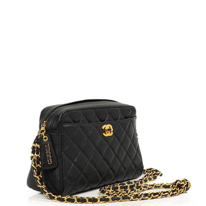 Chanel Vintage Front Pocket Kamera Tasche Schwarz Gequiltetes Kaviarleder mit 24K Gold Hardware