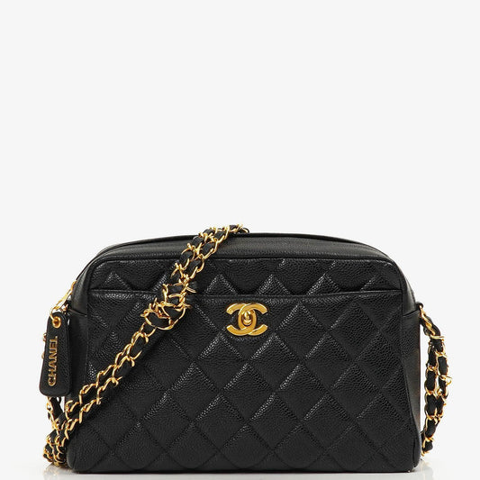 Chanel Vintage Front Pocket Kamera Tasche Schwarz Gequiltetes Kaviarleder mit 24K Gold Hardware