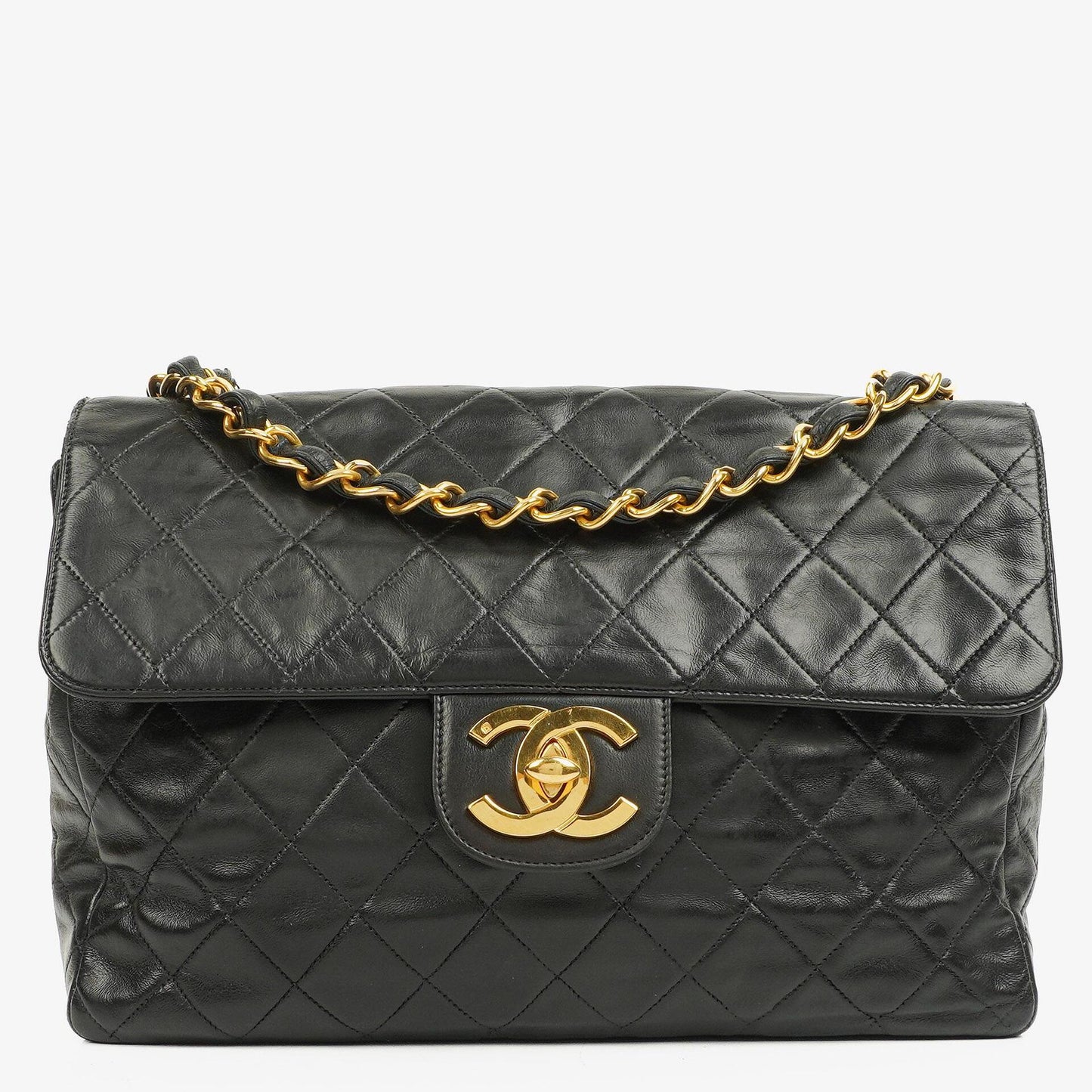 Chanel Vintage Jumbo Classic Single Flap Tasche Schwarz Lackleder mit 24K vergoldeten Beschlägen