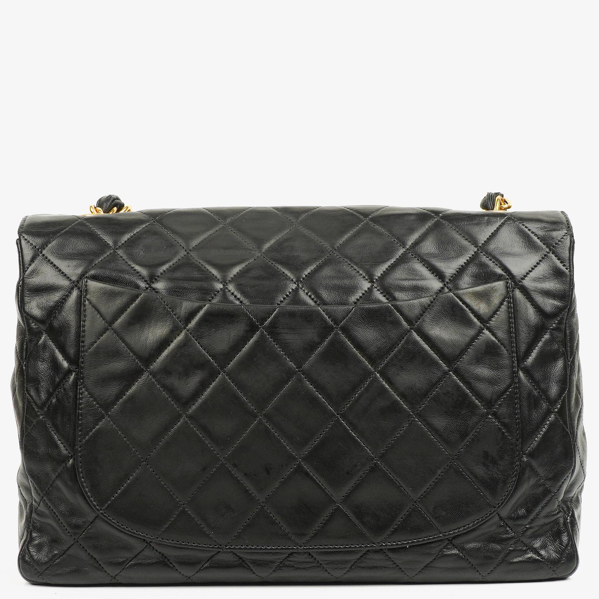 Chanel Vintage Jumbo Classic Single Flap Tasche Schwarz Lackleder mit 24K vergoldeten Beschlägen