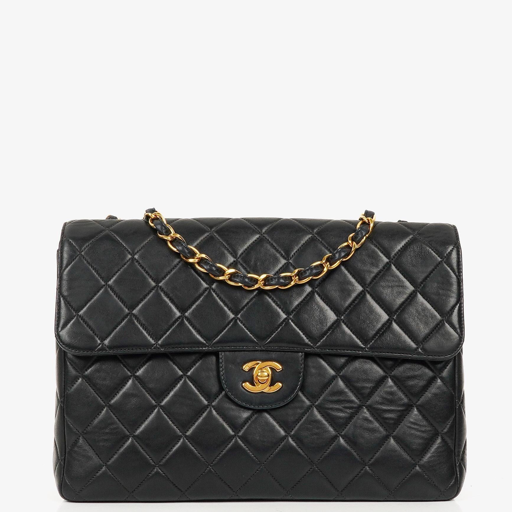 Chanel Vintage Classic Jumbo Single Flap Tasche aus schwarzem gestepptem Lammleder mit 24K vergoldeter Hardware, 1996-1997