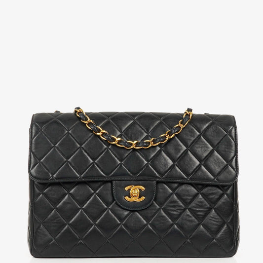 Chanel Vintage Classic Jumbo Single Flap Tasche aus schwarzem gestepptem Lammleder mit 24K vergoldeter Hardware, 1996-1997