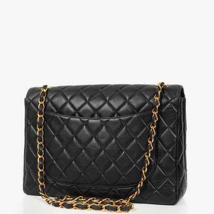 Chanel Vintage Classic Jumbo Single Flap Tasche aus schwarzem gestepptem Lammleder mit 24K vergoldeter Hardware, 1996-1997