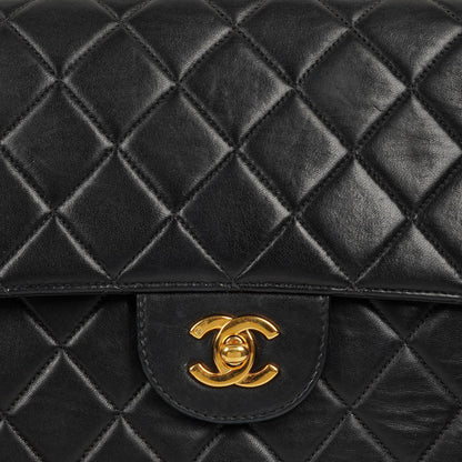 Chanel Vintage Classic Jumbo Single Flap Tasche aus schwarzem gestepptem Lammleder mit 24K vergoldeter Hardware, 1996-1997