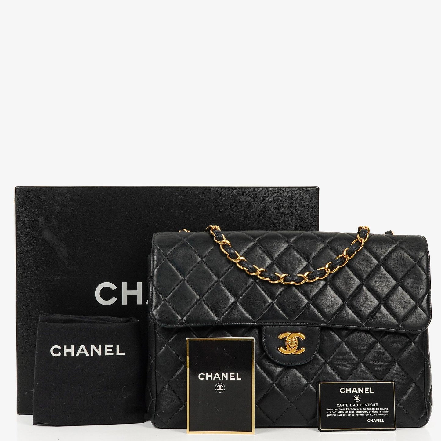 Chanel Vintage Classic Jumbo Single Flap Tasche aus schwarzem gestepptem Lammleder mit 24K vergoldeter Hardware, 1996-1997