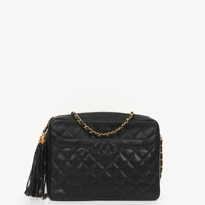 Chanel Vintage Large Camera Tassel Bag aus schwarzem gestepptem Caviar-Leder