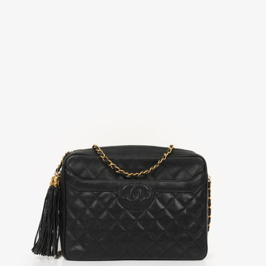 Chanel Vintage Large Camera Tassel Bag aus schwarzem gestepptem Caviar-Leder