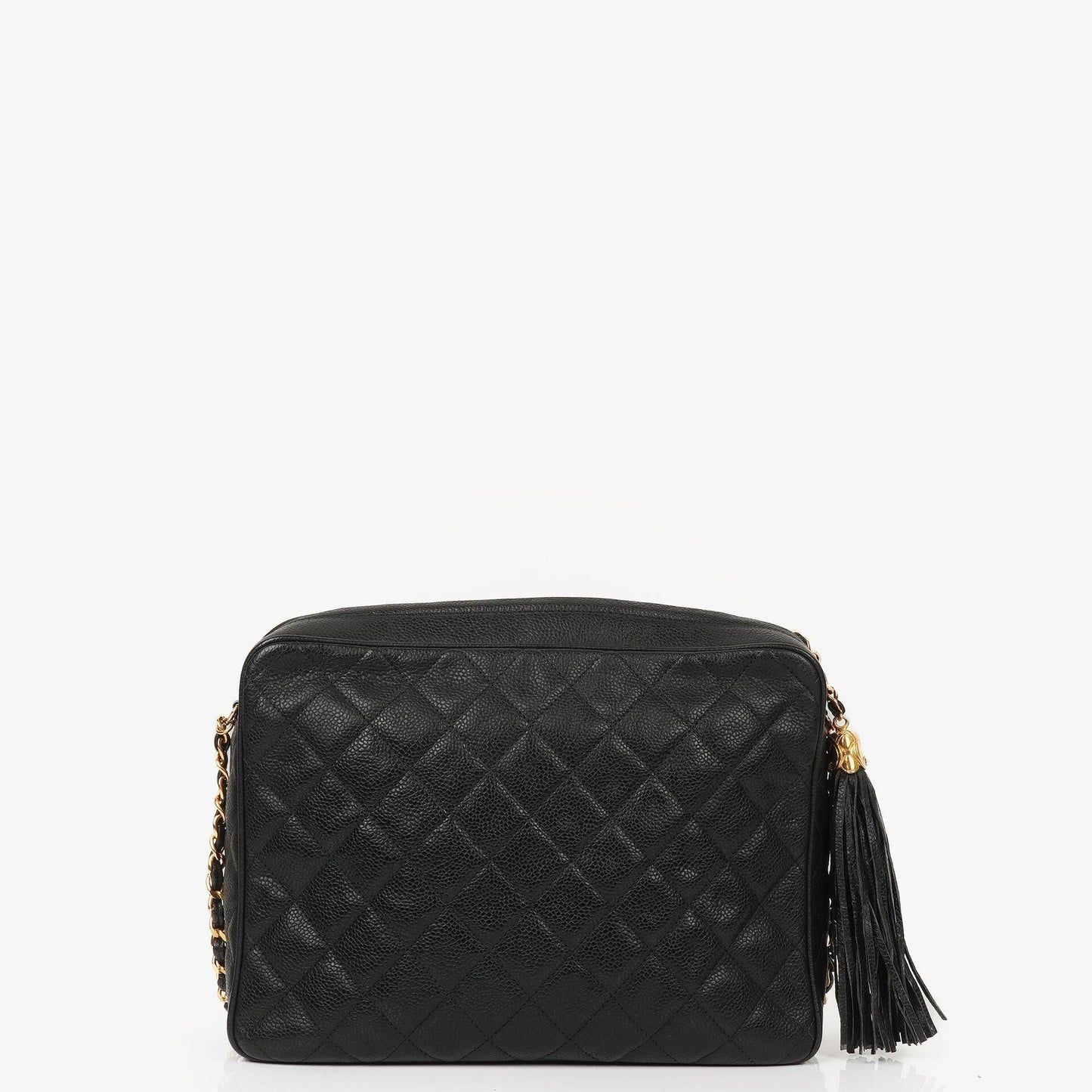 Chanel Vintage Large Camera Tassel Bag aus schwarzem gestepptem Caviar-Leder