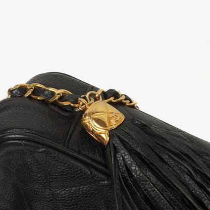 Chanel Vintage Large Camera Tassel Bag aus schwarzem gestepptem Caviar-Leder