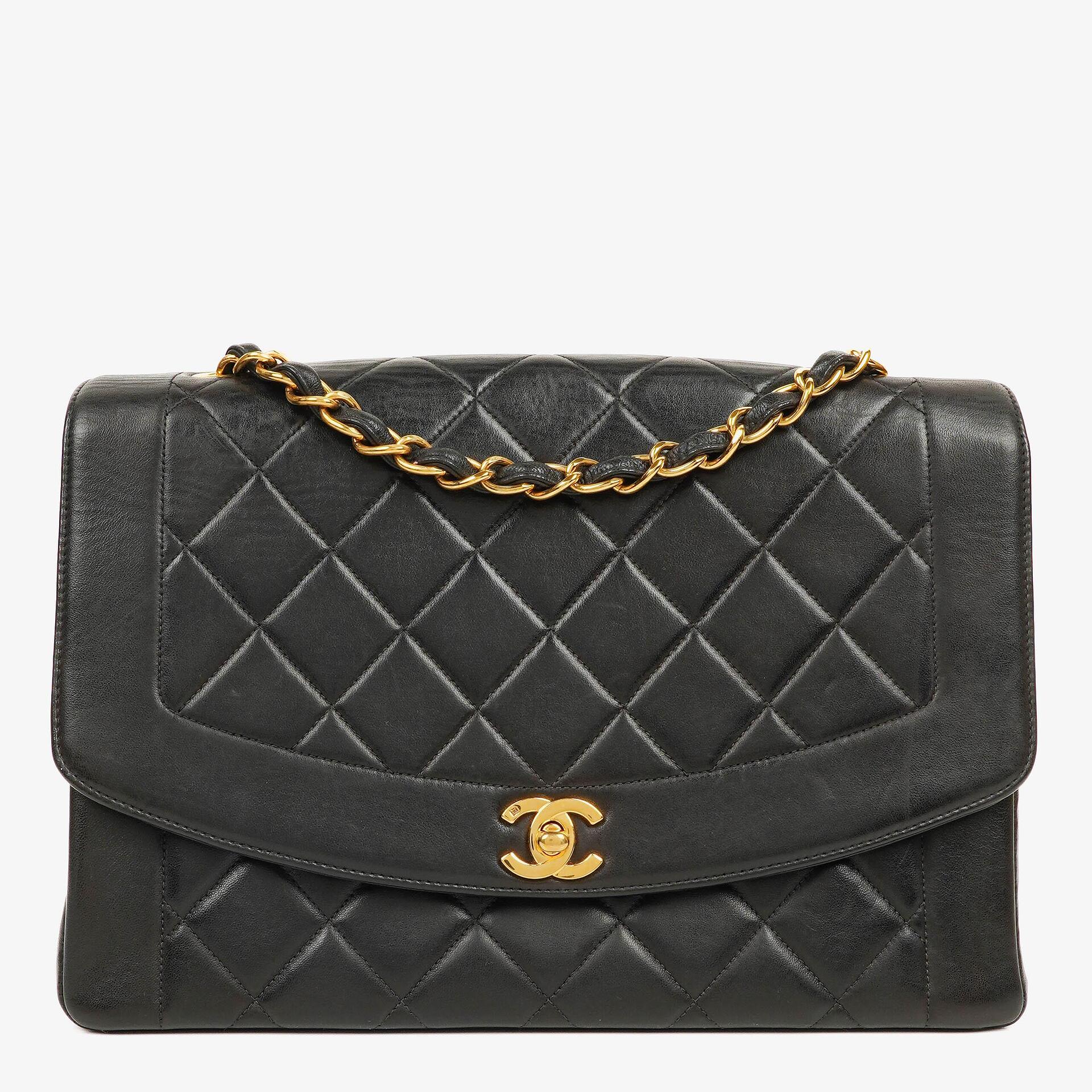 Chanel Vintage Große Diana Klappentasche in Schwarz mit 24K vergoldeter Hardware