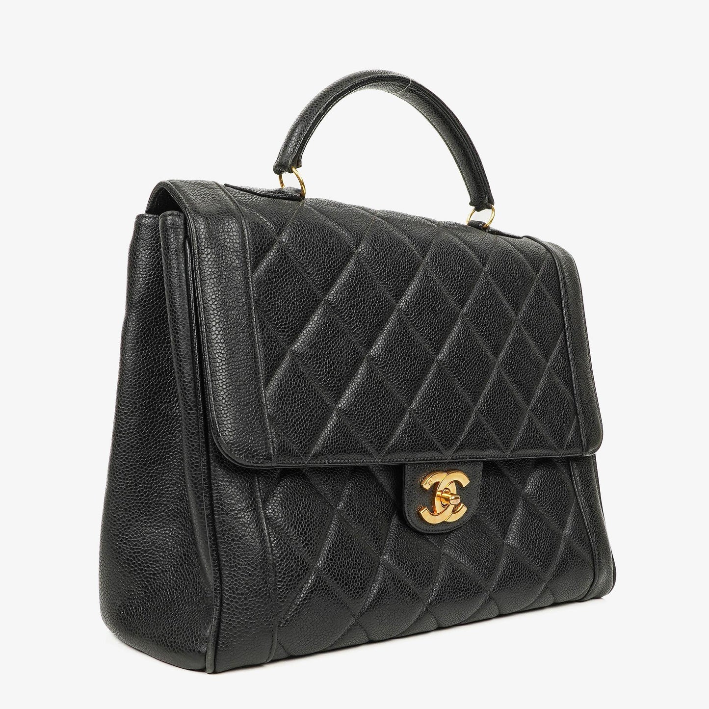 Chanel große Kelly Top Handle Tasche aus schwarzem gestepptem Caviar-Leder mit 24K vergoldeter Hardware
