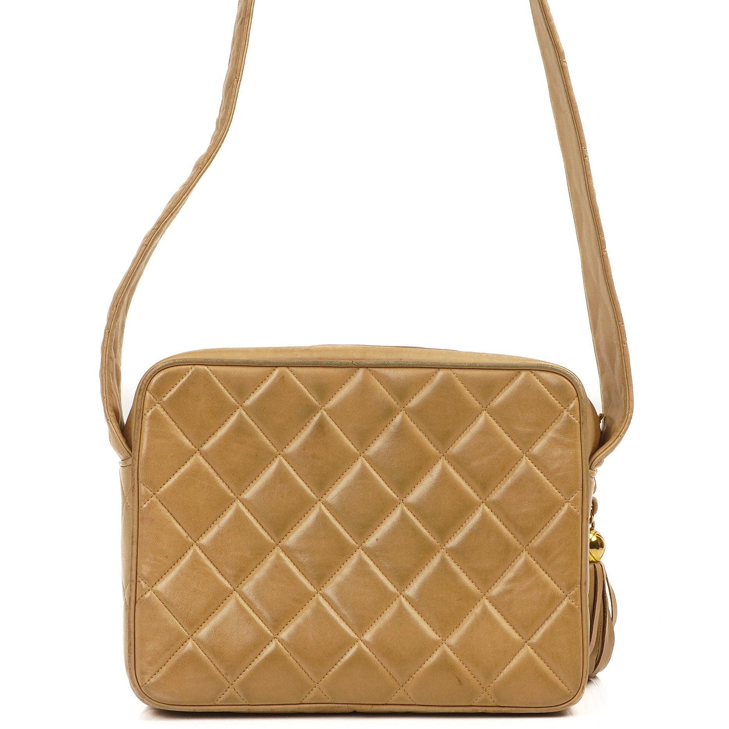 Chanel Vintage Mittlere Kamera Quaste CC Frontklappen Tasche aus beigem gestepptem Lammleder