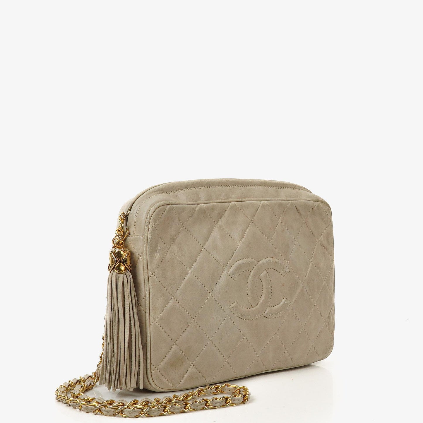 Chanel Vintage Medium CC Camera Bag aus neutralem gestepptem Lammleder mit Quaste