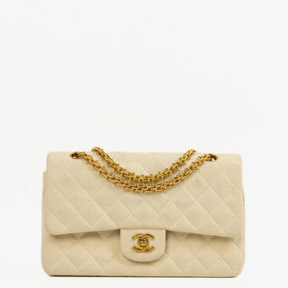 Chanel Vintage mittelgroße Classic Double Flap Tasche aus Jersey in Beige Neutral