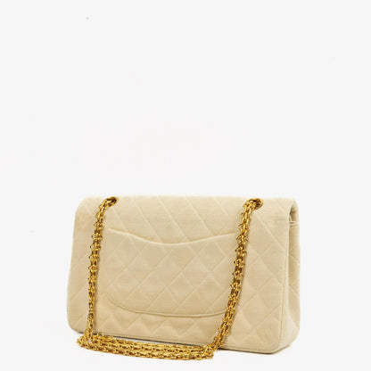 Chanel Vintage mittelgroße Classic Double Flap Tasche aus Jersey in Beige Neutral