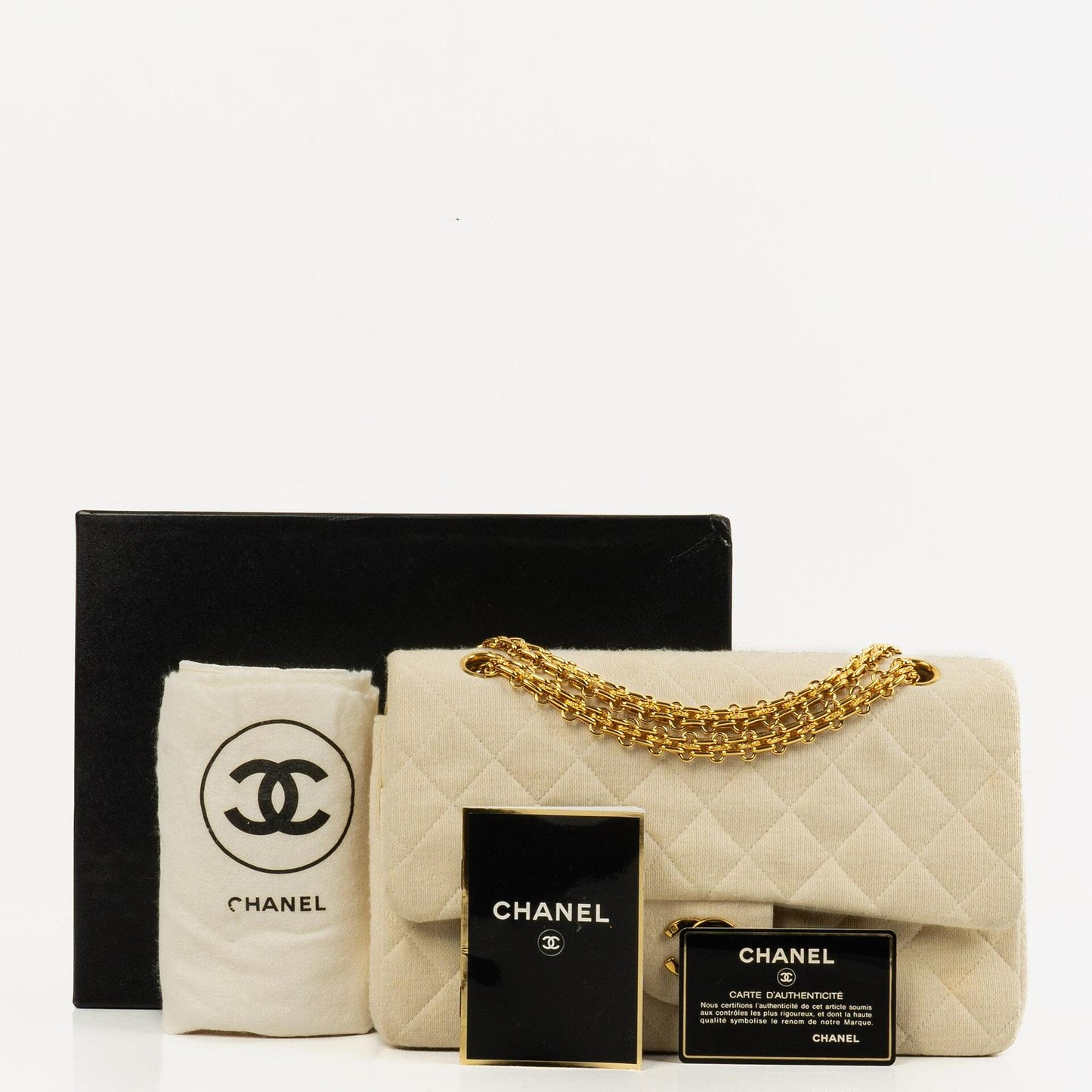 Chanel Vintage mittelgroße Classic Double Flap Tasche aus Jersey in Beige Neutral
