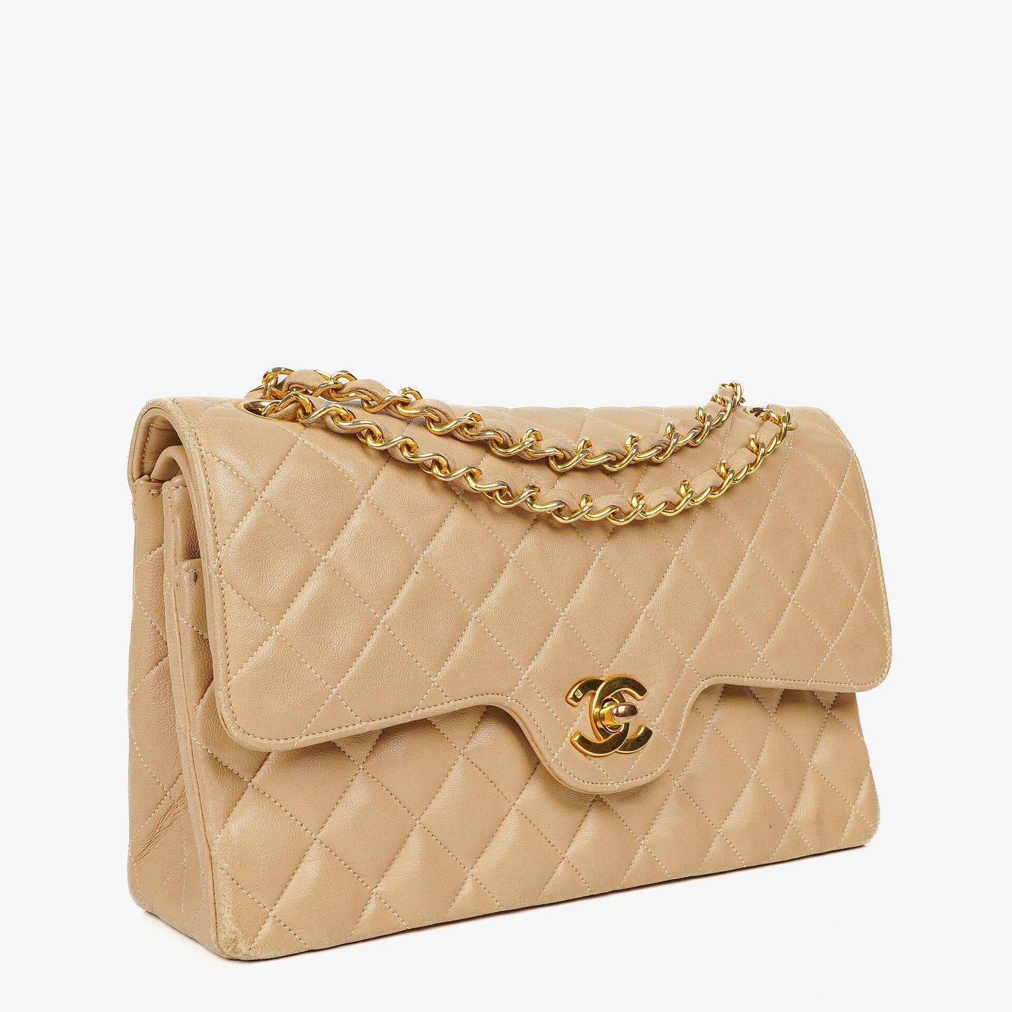Chanel Vintage Medium Classic Double Flap Tasche aus beigem gestepptem Lammleder mit 24K vergoldeter Hardware