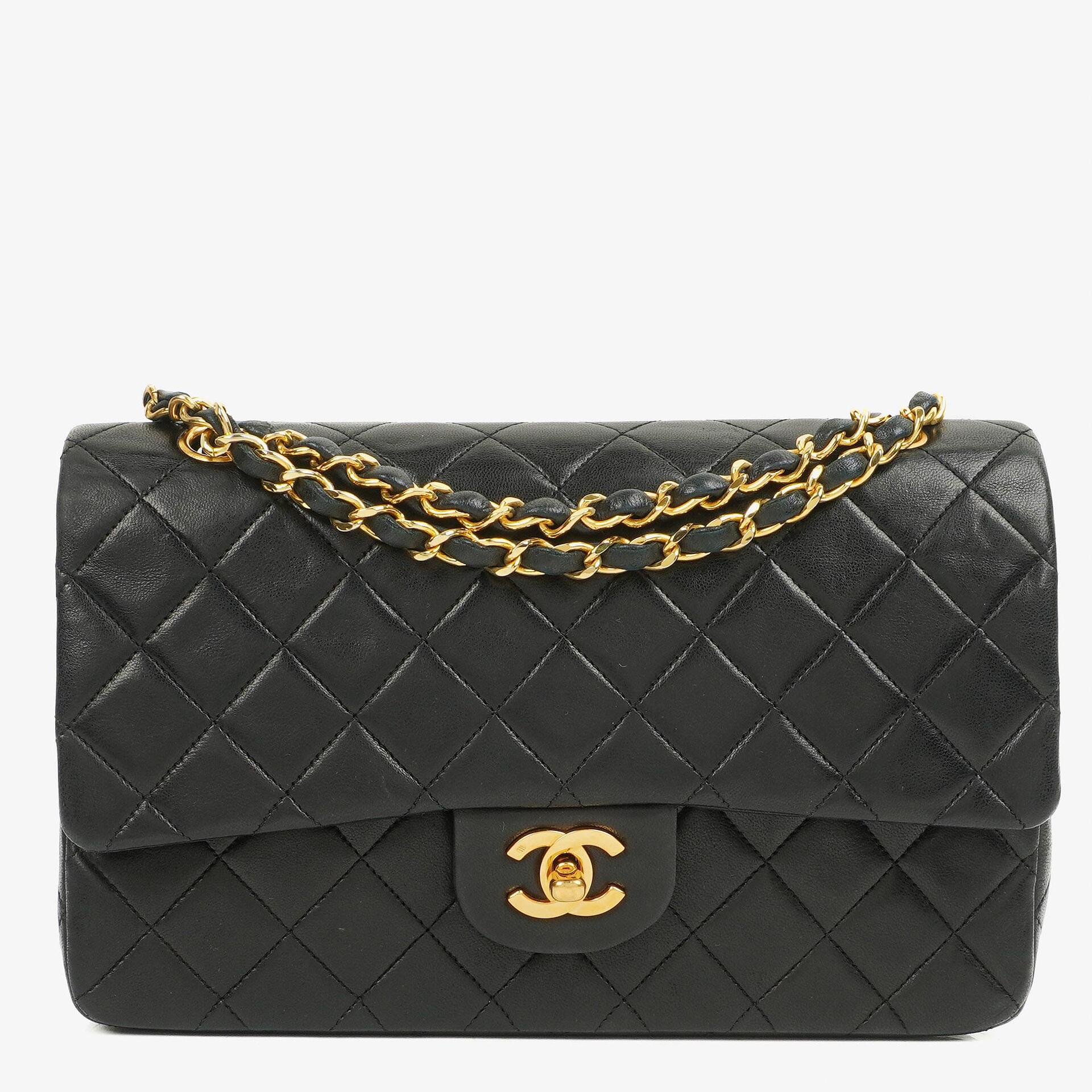 Chanel Vintage Classic Double Flap Tasche Medium aus schwarzem gestepptem Lammleder mit 24K vergoldeter Hardware