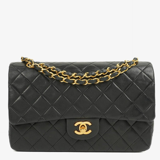 Chanel Vintage Classic Double Flap Tasche Medium aus schwarzem gestepptem Lammleder mit 24K vergoldeter Hardware