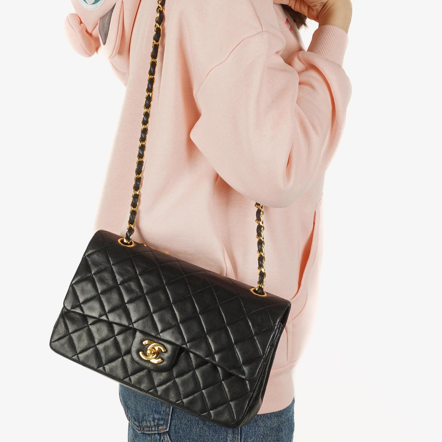 Chanel Vintage Classic Double Flap Tasche Medium aus schwarzem gestepptem Lammleder mit 24K vergoldeter Hardware