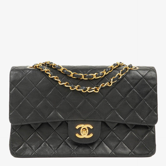 Chanel Vintage Medium Classic Double Flap Tasche Schwarz Stepp-Lammleder 24K Vergoldeter Hardware