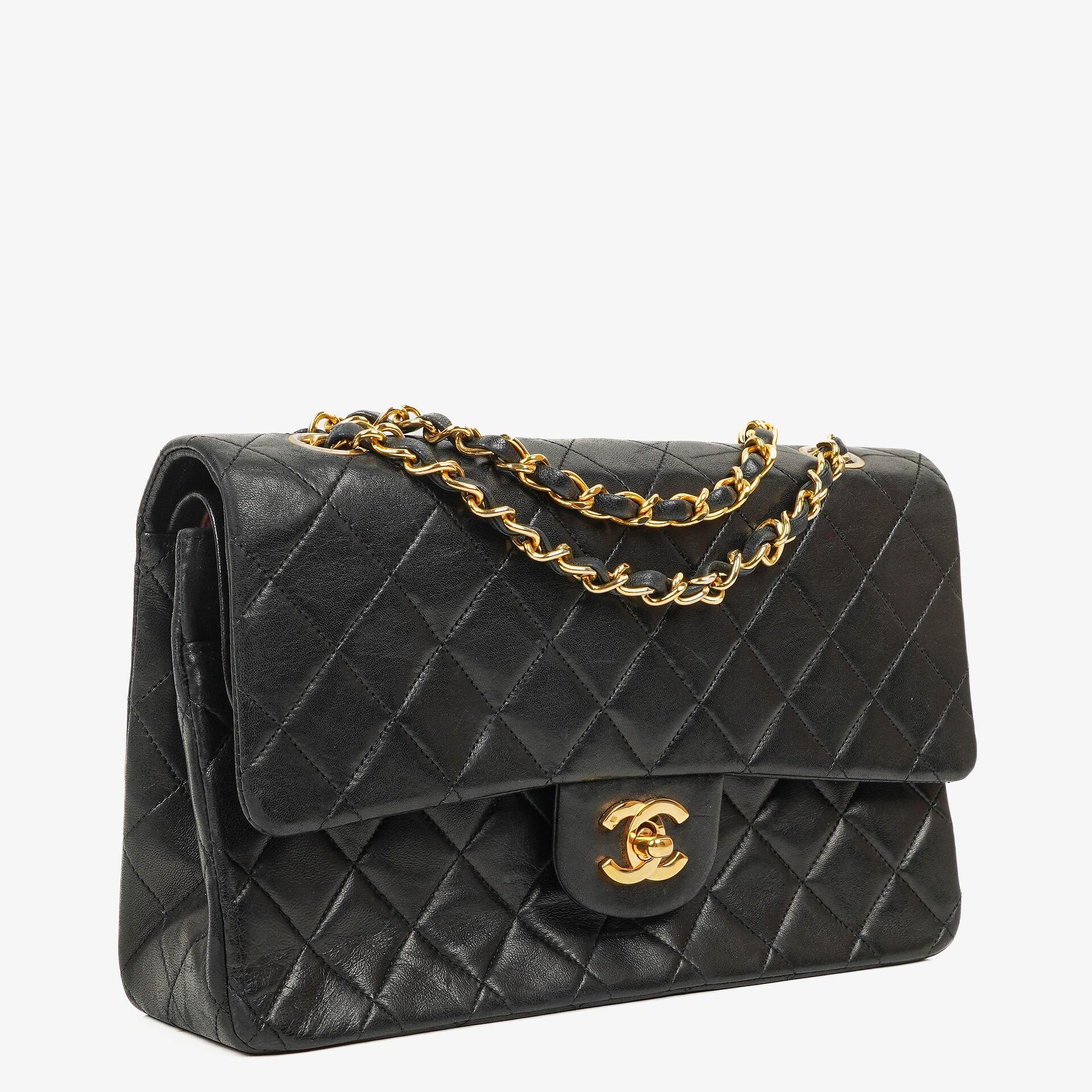 Chanel Vintage Medium Classic Double Flap Tasche Schwarz Stepp-Lammleder 24K Vergoldeter Hardware