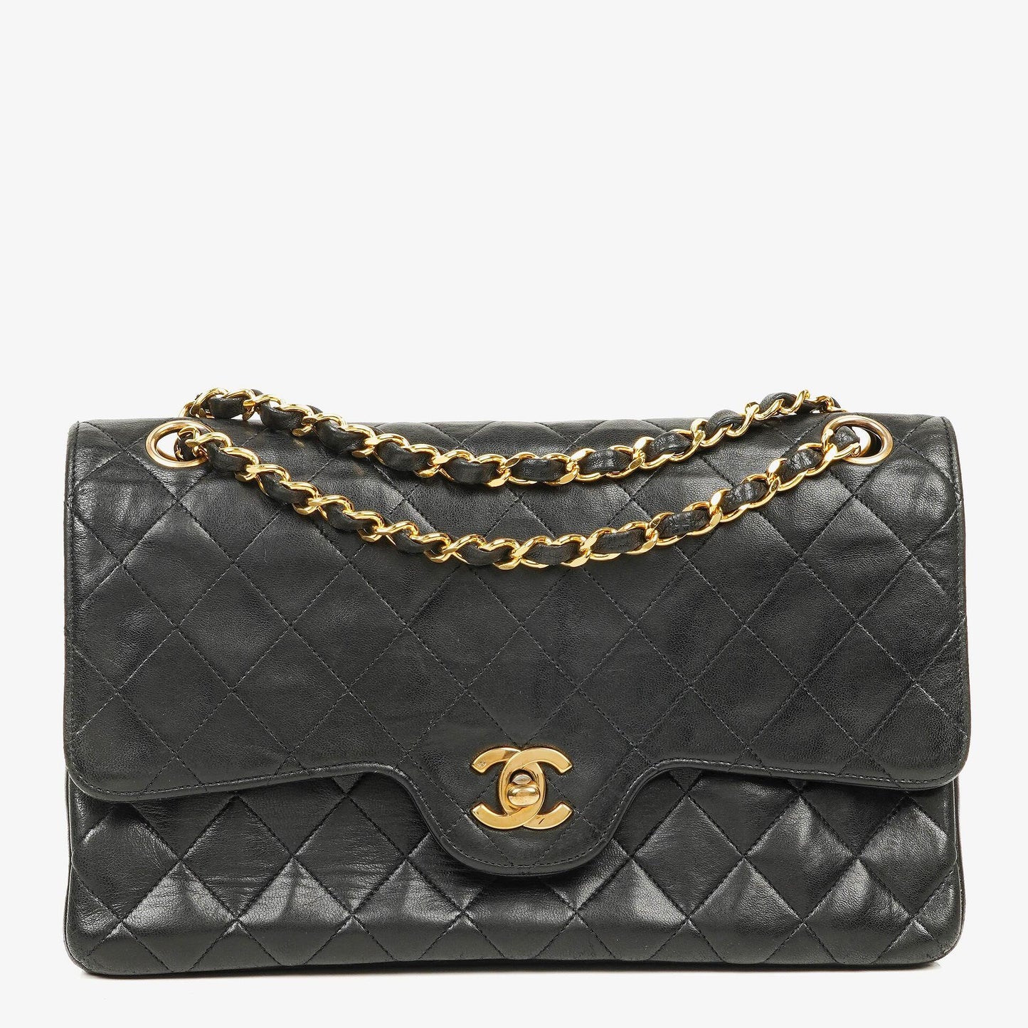 Chanel Vintage Medium Classic Double Flap Tasche aus schwarzem gestepptem Lammleder mit 24K vergoldeten Beschlägen