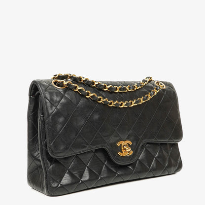 Chanel Vintage Medium Classic Double Flap Tasche aus schwarzem gestepptem Lammleder mit 24K vergoldeten Beschlägen