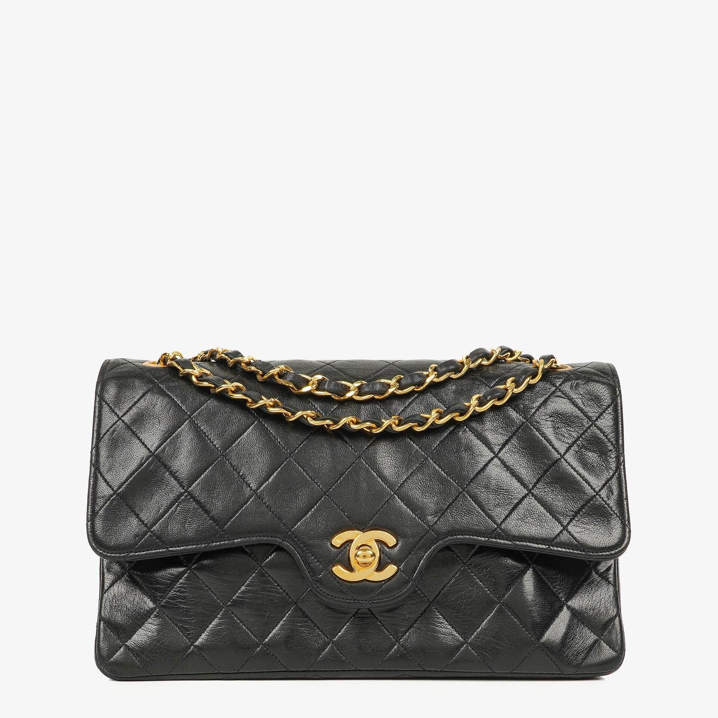 Chanel Vintage Medium Classic Double Flap Bag aus schwarzem gestepptem Lammleder mit 24K vergoldeter Hardware