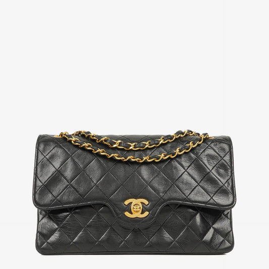 Chanel Vintage Medium Classic Double Flap Bag aus schwarzem gestepptem Lammleder mit 24K vergoldeter Hardware