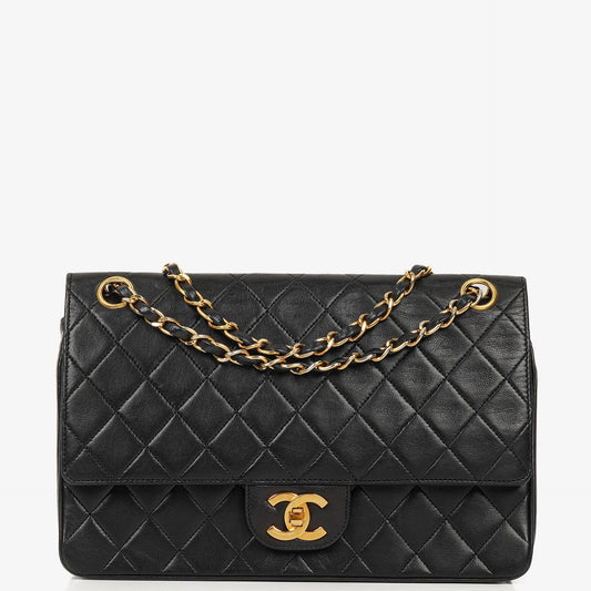 Chanel Vintage Classic Medium Double Flap Tasche aus schwarzem gestepptem Lammleder mit 24K vergoldeter Hardware, 1986-1988