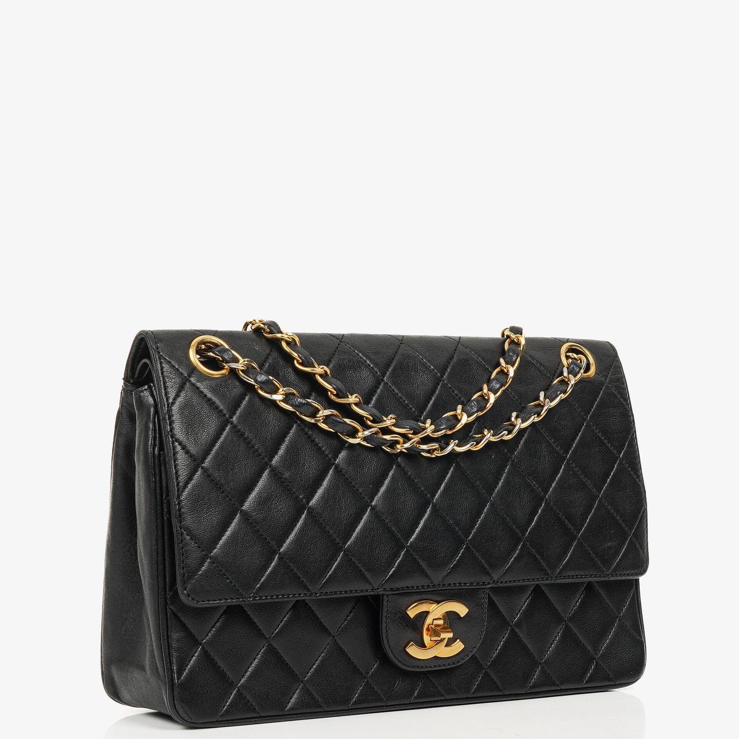 Chanel Vintage Classic Medium Double Flap Tasche aus schwarzem gestepptem Lammleder mit 24K vergoldeter Hardware, 1986-1988