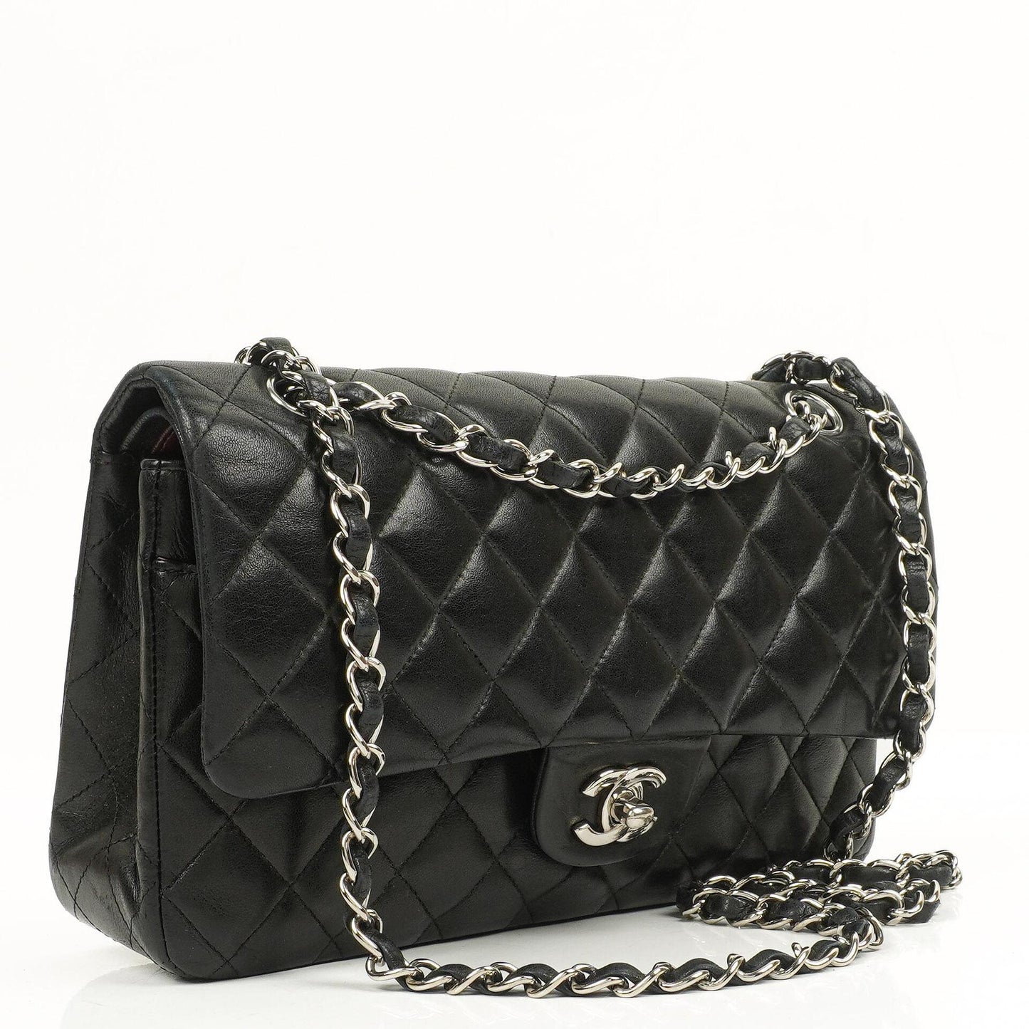 Chanel Vintage Mittelgroße Klassische Double Flap Tasche Schwarz Gestepptes Lammleder Mit Silberfarbenen Beschlägen