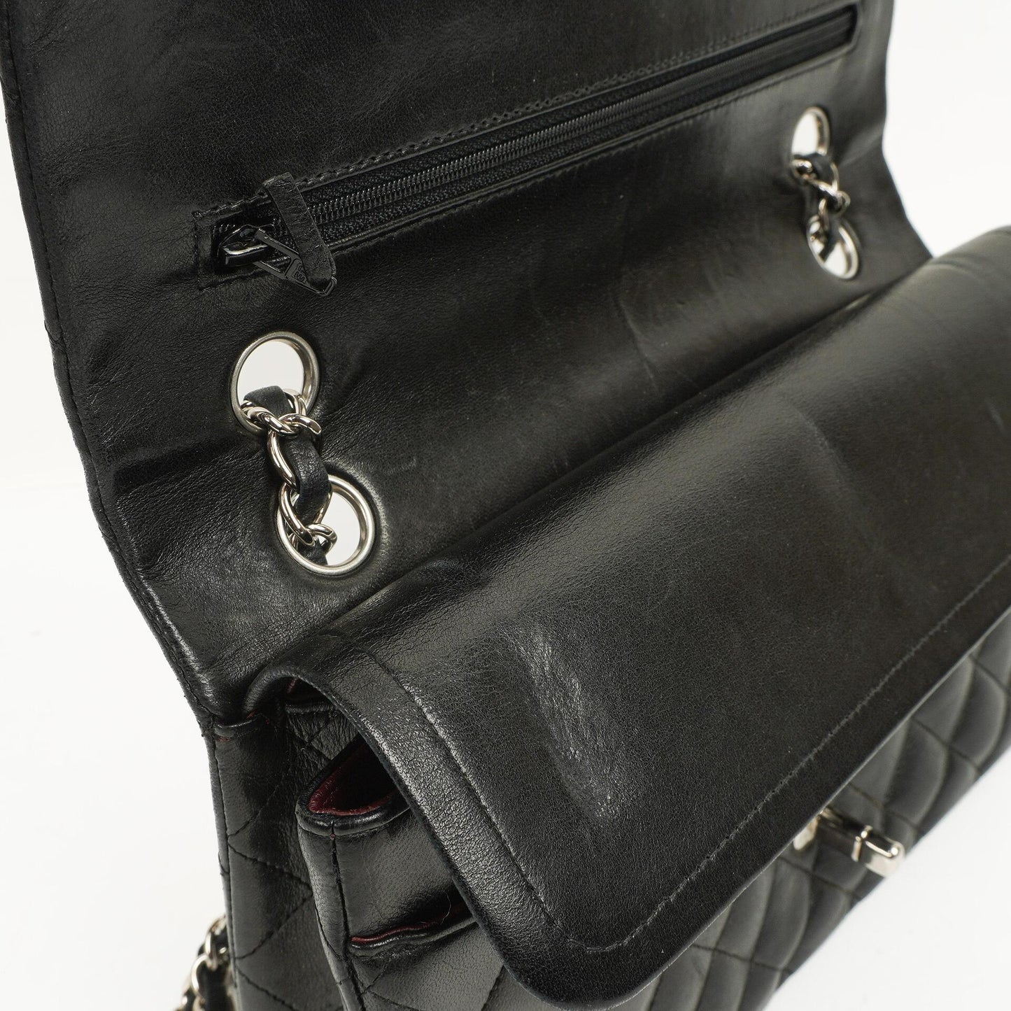 Chanel Vintage Mittelgroße Klassische Double Flap Tasche Schwarz Gestepptes Lammleder Mit Silberfarbenen Beschlägen