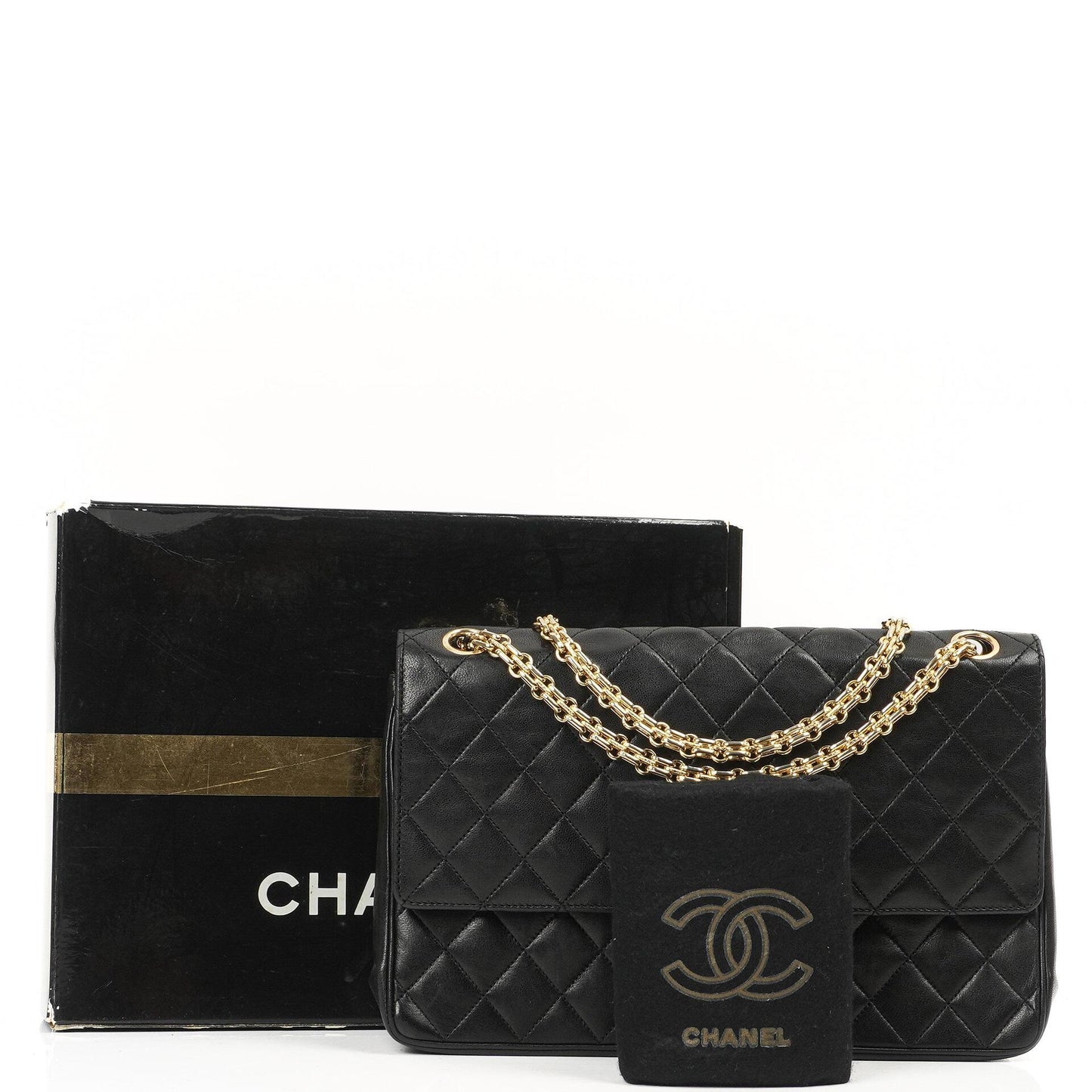 Chanel Vintage Medium Classic Double Flap Tasche Schwarzes gestepptes Lammleder mit 24K vergoldeten Beschlägen und Mademoiselle Kette