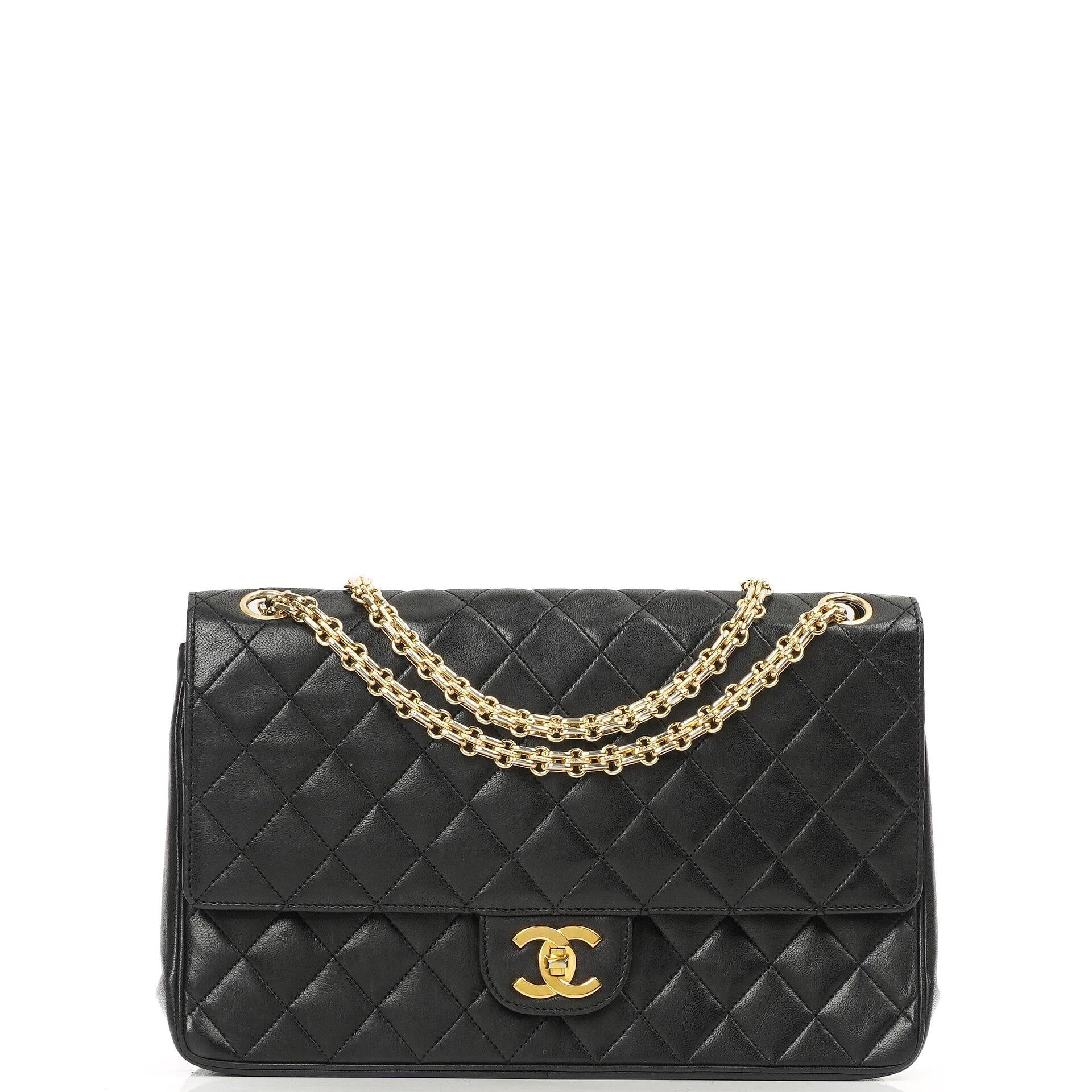 Chanel Vintage Medium Classic Double Flap Tasche Schwarzes gestepptes Lammleder mit 24K vergoldeten Beschlägen und Mademoiselle Kette